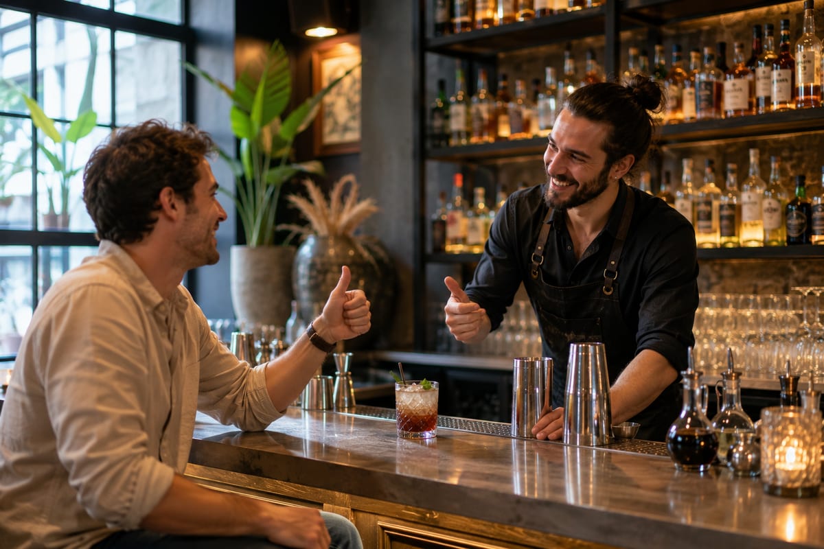 A bartender serving a cocktail to a guest at the bar