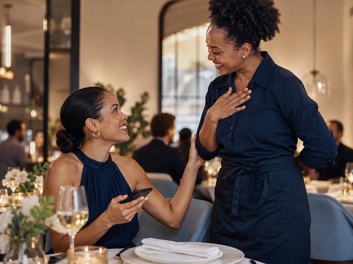 A guest thanking her server at a restaurant table