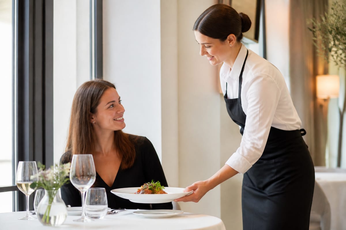A server setting down plates at a restaurant table